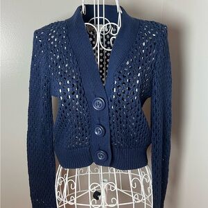 Urban Outfitters Open Knit Cropped Jumbo Button Navy Blue Sweater Cardigan Sz S